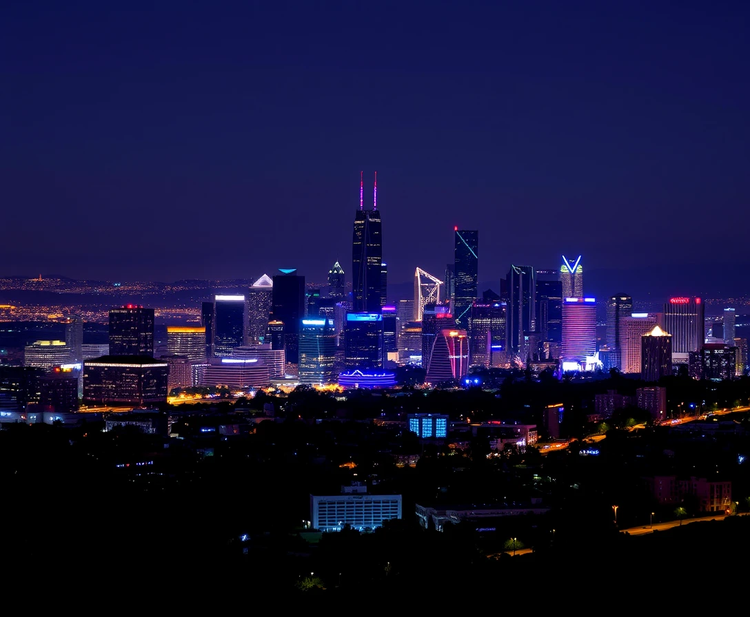 Downtown LA skyline at night, city lights glowing