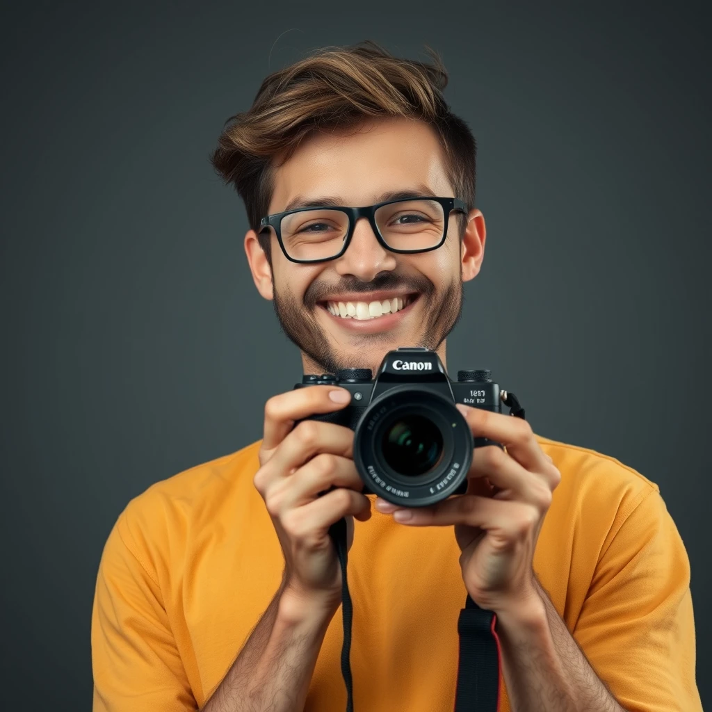 Portrait of the photographer smiling, holding a camera