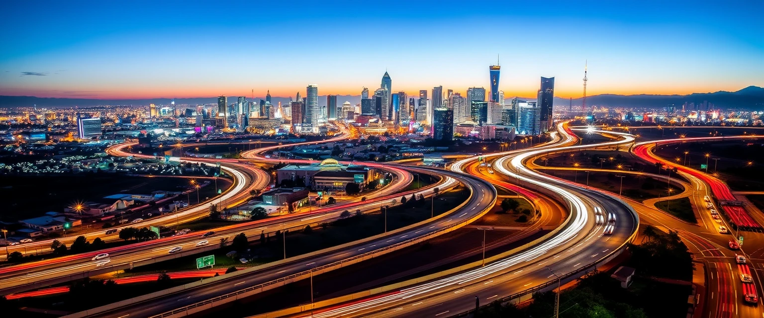Aerial view of Los Angeles freeways at night, long exposure light trails