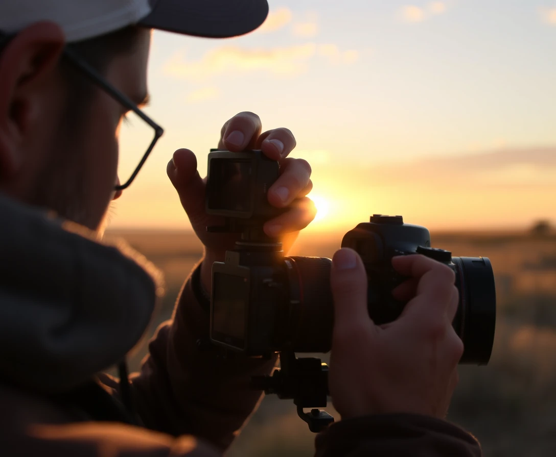 Photographer adjusting camera settings, golden hour light