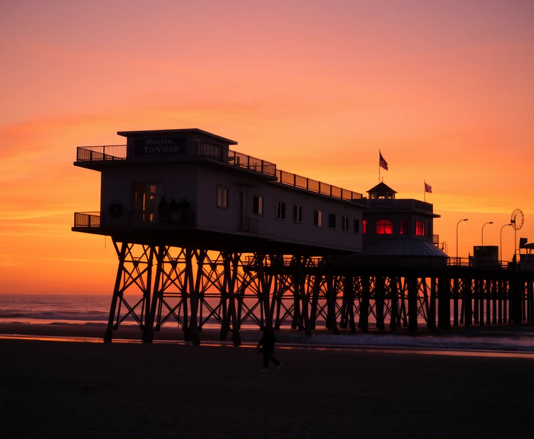 Sunset over Santa Monica Pier, vibrant orange sky
